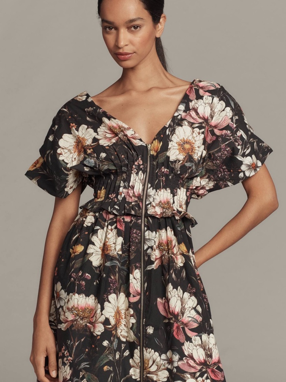 Anthropologie Black Floral Maxi Dress with Cream and Pink Blooms